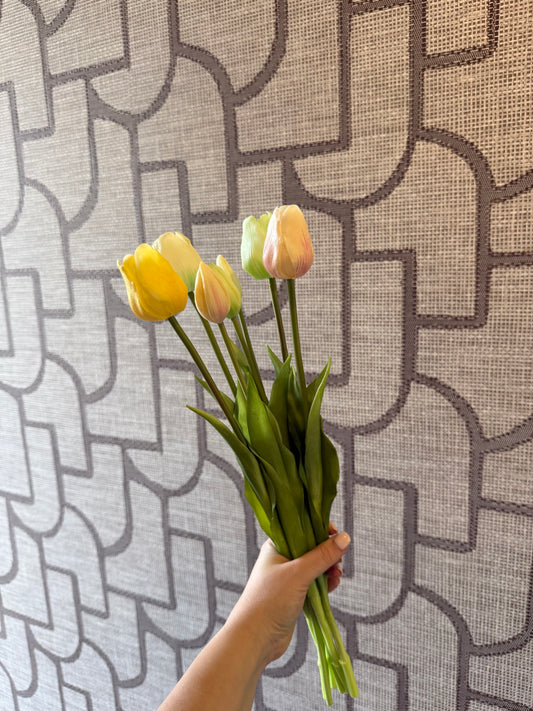 Zijden Tulpenbundel – Geel/Groen/Roze (47 cm)